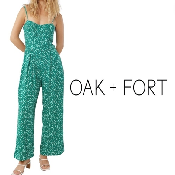 OAK + FORT Green White Floral Daisy Jumpsuit Evergreen Print - Size 0 - Picture 1 of 15